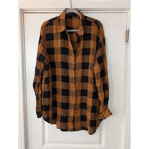 Jane + Delancey XL Brown Black Plaid Button Down Long Sleeve Oversized Top